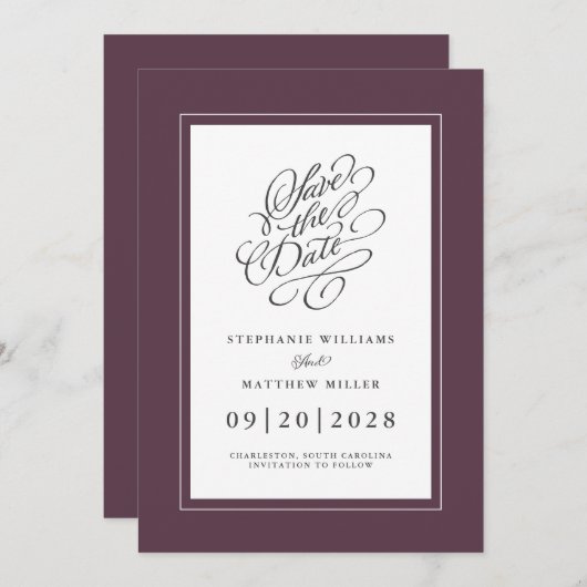 Elegant Wedding Chic Trendy Script Moody Lila Save The Date (Vorne/Hinten)