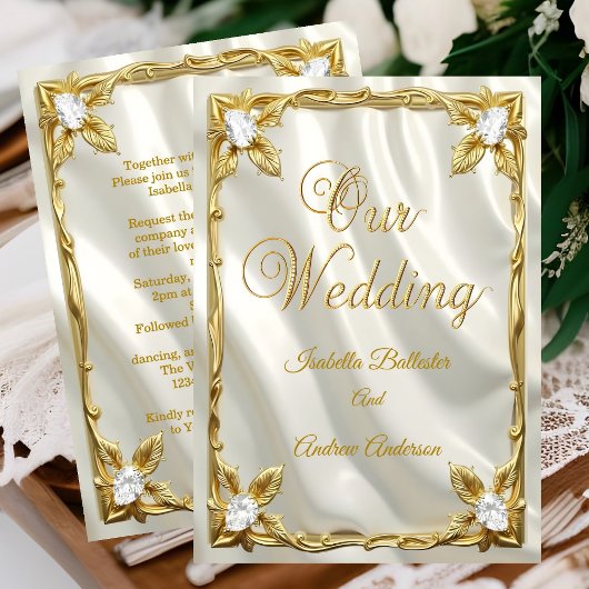 Elegant Wedding Cream White Faux Silk Gold Diamond Einladung