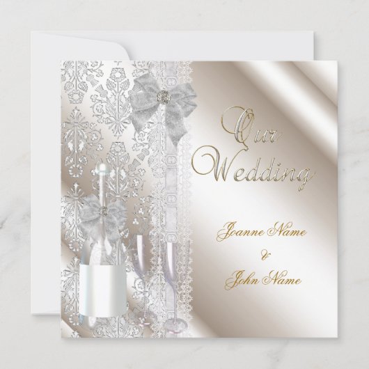 Elegant Wedding Damask Cream White Champagne Einladung (Vorderseite)