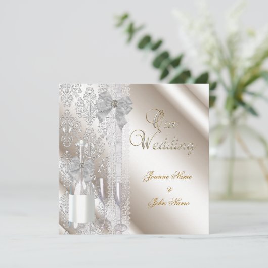 Elegant Wedding Damask Cream White Champagne Einladung (Stehend Vorderseite)