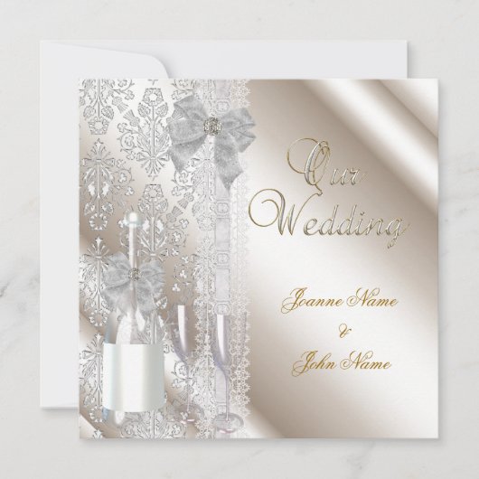 Elegant Wedding Damask Cream White Champagne Einladung (Vorderseite)