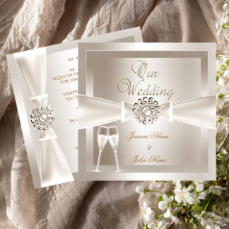 Elegant Wedding Damask Cream White Champagne Einladung