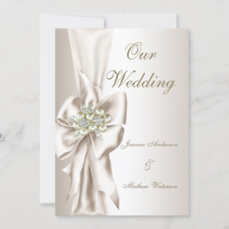 Elegant Wedding Damask Pearl Cream White Bow 2 Einladung