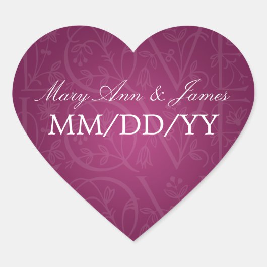Elegant Wedding Date Liebe Geblüht Berry Pink Herz-Aufkleber (Vorderseite)