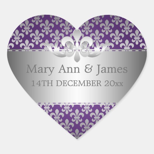 Elegant Wedding Date Lilie Lila Herz-Aufkleber (Vorderseite)