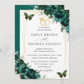 Elegant Wedding Emerald Green Floral Butterflies Einladung (Vorne/Hinten)