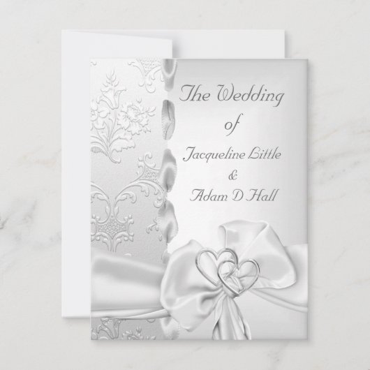 Elegant Wedding Floral Silver White Bow Herz Einladung (Vorderseite)