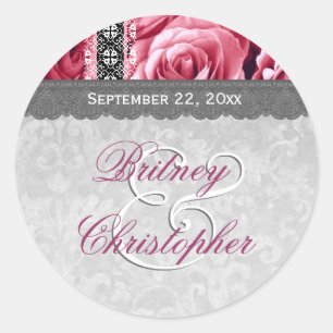 Elegant Wedding Gefallen PINK Roses und Lace V10 Runder Aufkleber