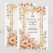 Elegant Wedding Gold Frame With Soft Pink Flowers Einladung (Vorne/Hinten)