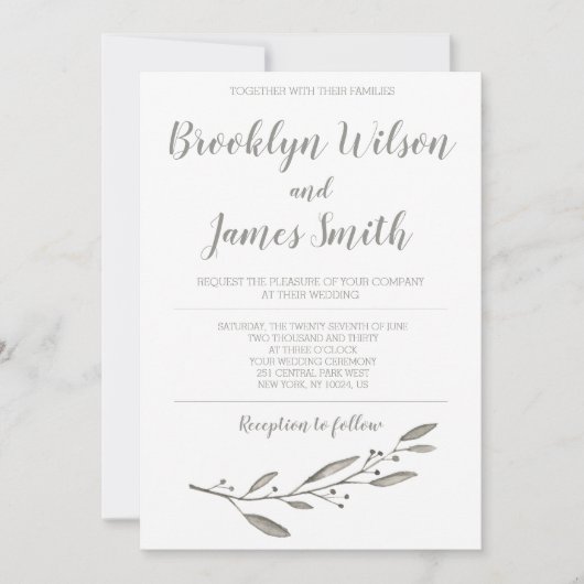 Elegant Wedding Invitation Calligraphy Floral Gray Einladung (Vorderseite)