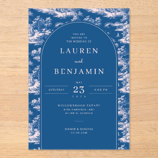 Elegant Wedding Invitation with Blue Floral Design Acryleinladungen (Vorderseite)