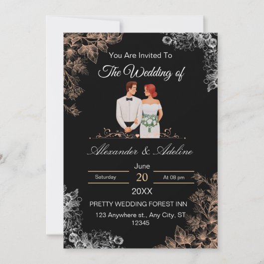 Elegant Wedding Invitation with Dark Floral  Einladung (Vorderseite)