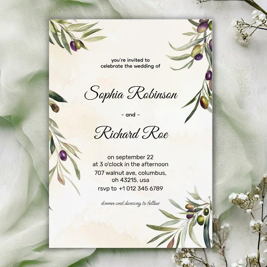 Elegant wedding invitation with floral olive einladung