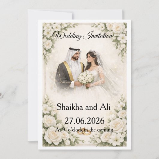 Elegant Wedding Invitation with White Flowers and  Einladung (Vorderseite)