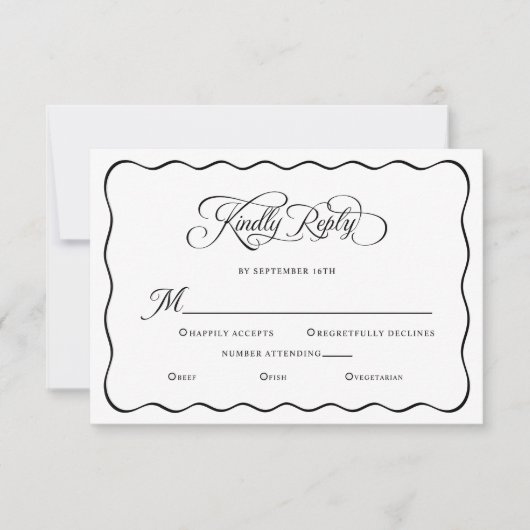 Elegant Wedding Kindly Reply Wavy Frame Black RSVP Karte (Vorderseite)