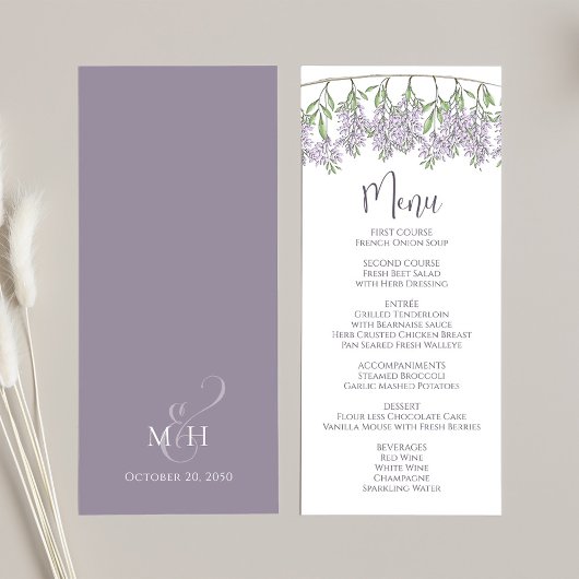 Elegant Wedding Lilac Floral Script Menükarte