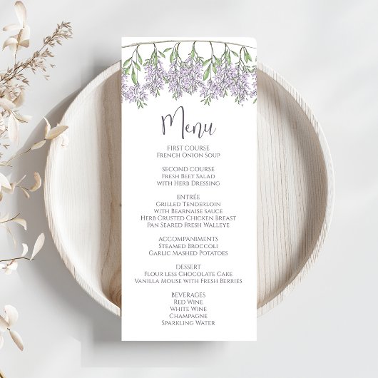 Elegant Wedding Lilac Floral Script Menükarte