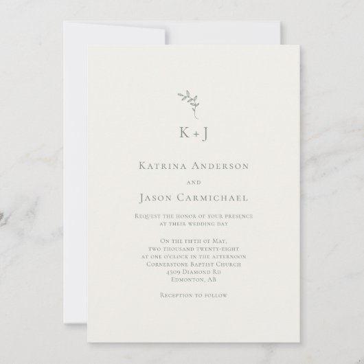 Elegant Wedding Minimal Sage Green Monogram Einladung (Vorderseite)