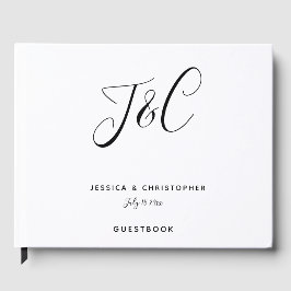 Elegant Wedding Monogram Modern Script Black White Gästebuch