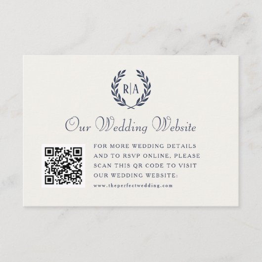 Elegant Wedding Monogram QR Code Navy Cream Begleitkarte (Vorderseite)