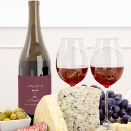 Elegant Wedding Names Date Calligraphy Burgundy Weinetikett