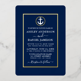 Elegant Wedding Nautical Anchor Navy Blue Gold Folieneinladung
