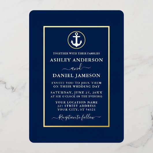 Elegant Wedding Nautical Anchor Navy Blue Gold Folieneinladung (Vorderseite)