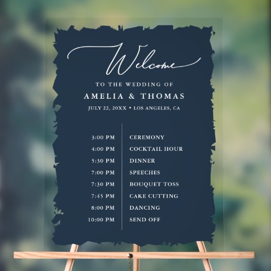 Elegant Wedding Navy Blue Willkommen und Timeline Acrylschild (Neutral)