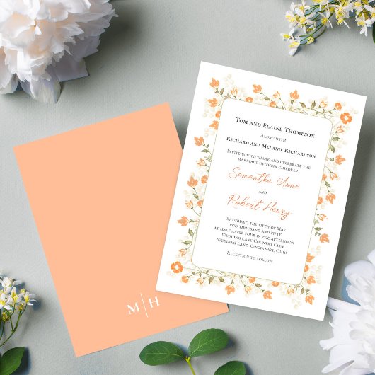 Elegant Wedding Peach Blumengrün Einladung