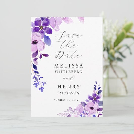 Elegant Wedding Pink Blau Save the Date Lila (Stehend Vorderseite)