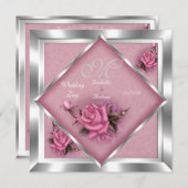 Elegant Wedding Pink Rose Silver Bouquet Einladung (Vorne/Hinten)