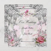 Elegant Wedding Pink Rose Silver White Einladung (Vorne/Hinten)