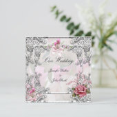 Elegant Wedding Pink Rose Silver White Einladung (Stehend Vorderseite)