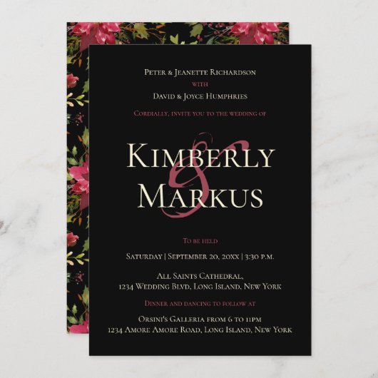 Elegant Wedding Poinsettia Monogram Claret Red Einladung (Vorne/Hinten)