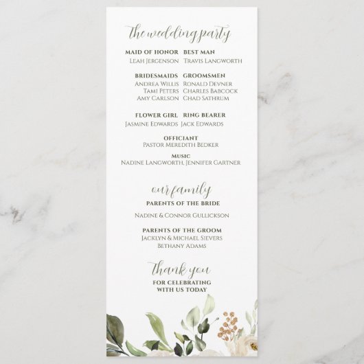 Elegant Wedding Program Greenery White Floral Programm (Rückseite)