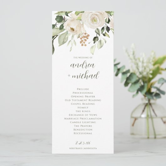 Elegant Wedding Program Greenery White Floral Programm (Stehend Vorderseite)