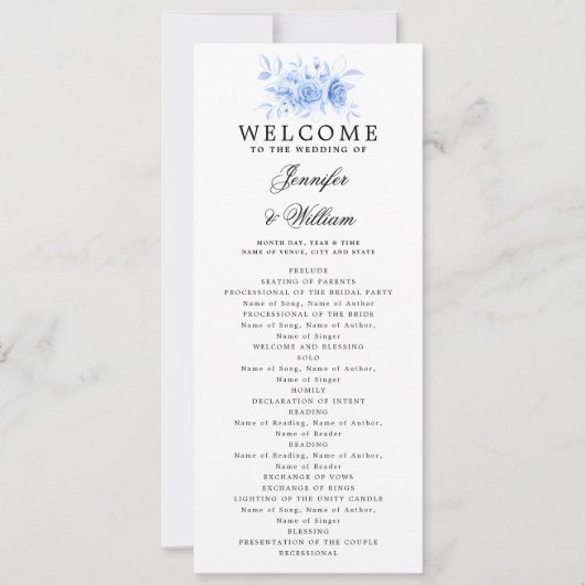 Elegant Wedding Program Navy Blue Floral Script Einladung (Vorderseite)