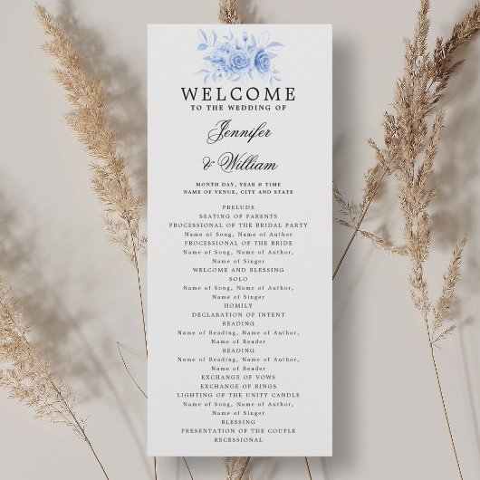 Elegant Wedding Program Navy Blue Floral Script Einladung