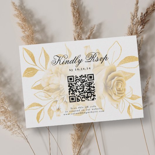 Elegant Wedding QR Code UAWG Gold Floral RSVP Karte