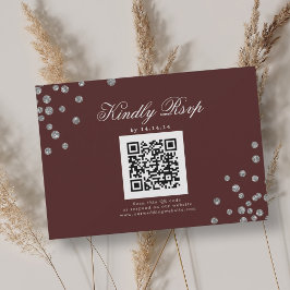 Elegant Wedding QR UAWG Silver Confetti Burgundy RSVP Karte