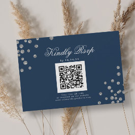 Elegant Wedding QR UAWG Silver Confetti Navy RSVP Karte