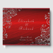 Elegant Wedding Ruby Red Silver Gray Wirbel Script Gästebuch (Vorderseite)
