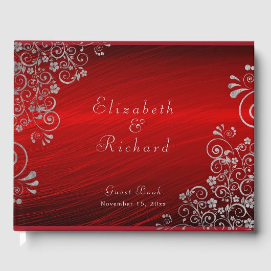 Elegant Wedding Ruby Red Silver Gray Wirbel Script Gästebuch (Vorderseite)