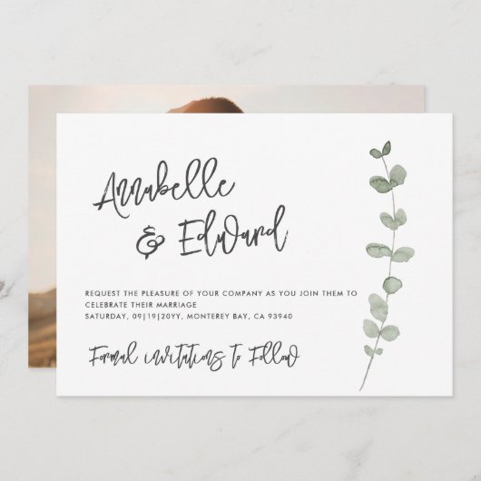 Elegant Wedding Save the Date eucalyptus Foto Einladung (Vorne/Hinten)