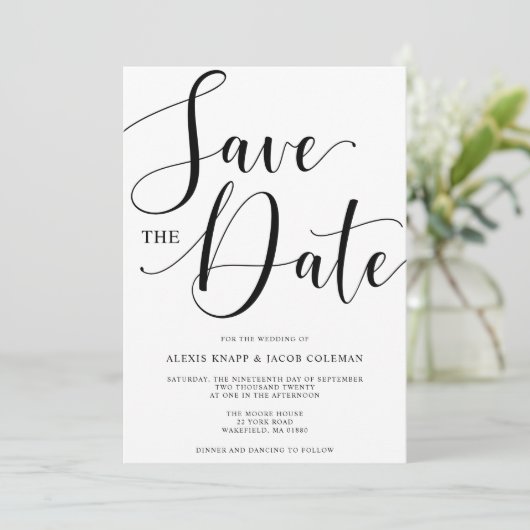 Elegant Wedding Script Ankündigung Datum freihalte (Stehend Vorderseite)