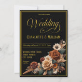 Elegant Wedding Script Brown Floral Black Einladung (Vorderseite)