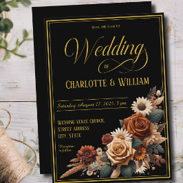 Elegant Wedding Script Brown Floral Black Einladung