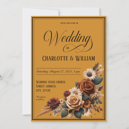 Elegant Wedding Script Brown Floral Einladung (Vorderseite)