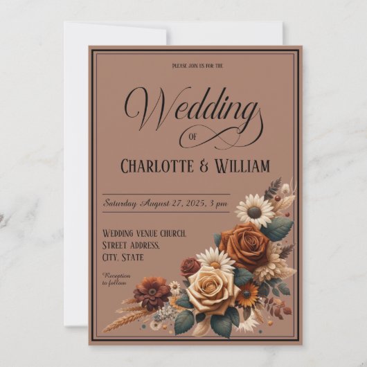 Elegant Wedding Script Brown Floral Einladung (Vorderseite)