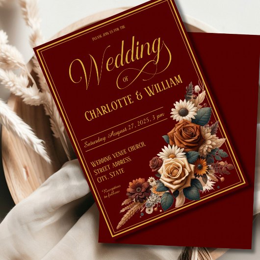 Elegant Wedding Script Brown Floral Einladung